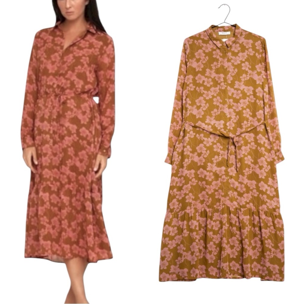 LN MSCH / Moss Copenhagen Tan Pink Floral Print Tie Waist Midi Shirt Dress - S